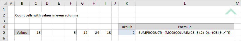 Count cells with values in even columns