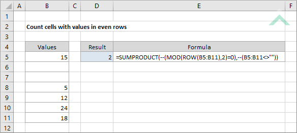 Count cells with values in even rows