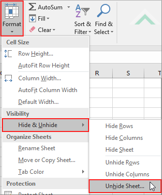 Select Format, select Hide and Unhide and select Unhide Sheet
