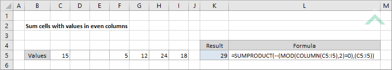 Sum cells with values in even columns