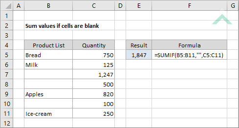 Sum values if cells are blank