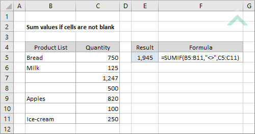 Sum values if cells are not blank