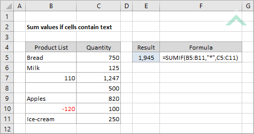 Sum values if cells contain text