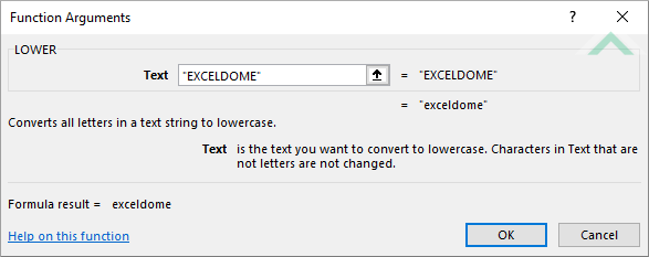 Built-in Excel LOWER Function using hardcoded values