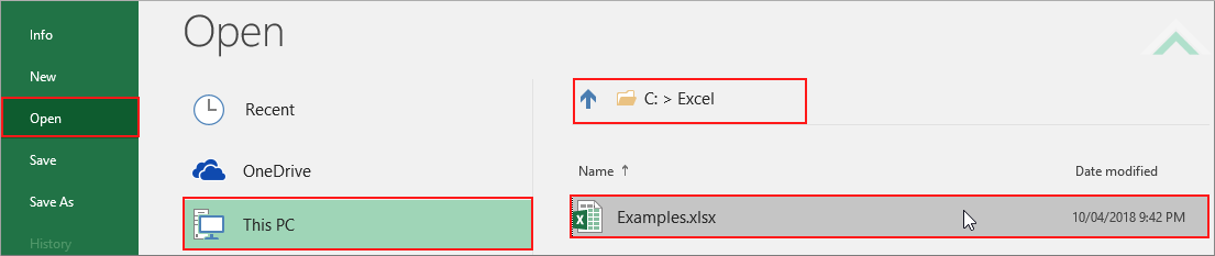 Click Open then click This PC and then select the workbook