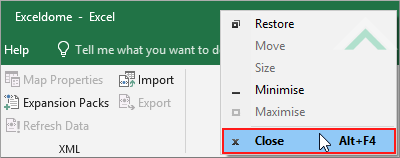 Right-click on the Title Bar and select Close