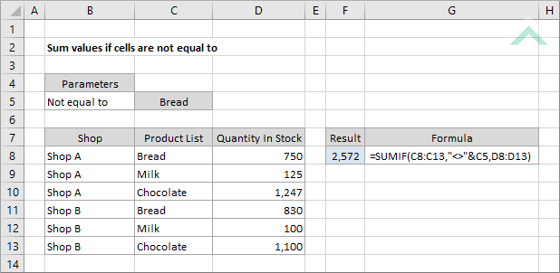 Sum values if cells are not equal to