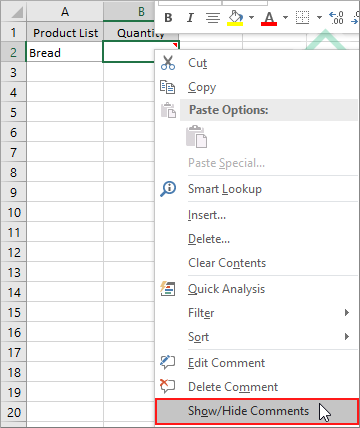 Right-click on a cell and click Show Hide Comments