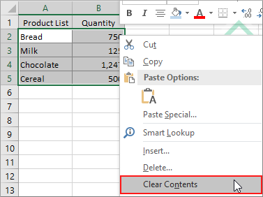 Selects cells, right-click on any selected cell and select Clear Contents