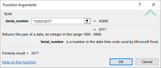 Built-in Excel YEAR Function using hardocded values