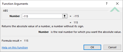 Built-in Excel ABS Function using hardocded values