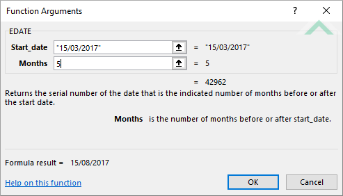 Built-in Excel EDATE Function using hardocded values