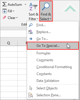 Click Find & Select and click Go To Special