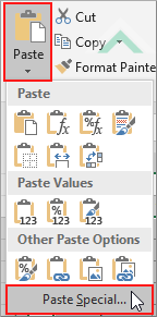 Click Paste and click Paste Special