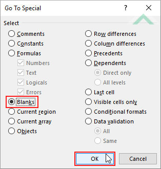Select Blanks and click OK