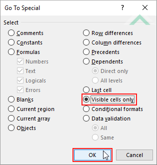 Select Visible cells only and click OK