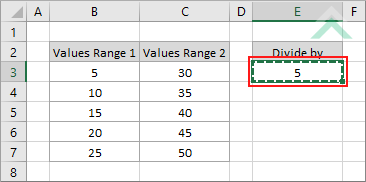 Select cell with number to divide by and copy