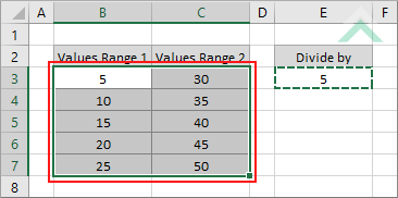 Select the range of cells that you want to divide