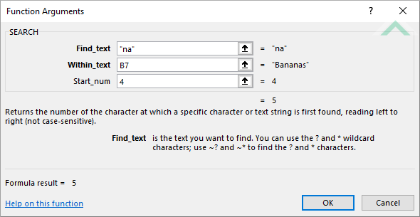 Built-in Excel SEARCH Function using hardcoded values