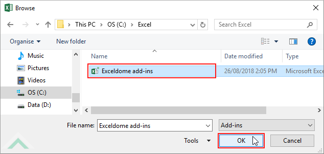 Select the Add-ins file and click OK
