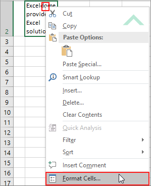 Right-click on cell in which to unwrap text and click Format Cells