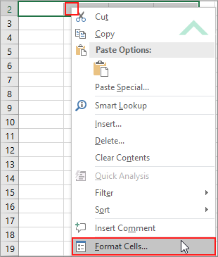 Right-click on selected area and click Format Cells