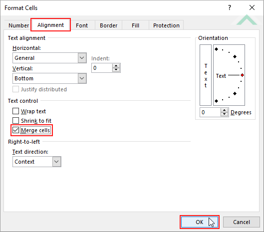 Select Alignment tab, check Merge cells and click OK