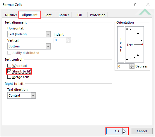 Select Alignment tab, check Shrink to fit and click OK