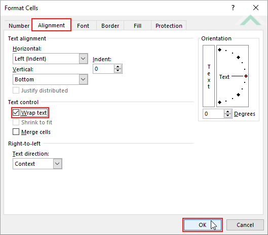 Select Alignment tab, check Wrap text and click OK