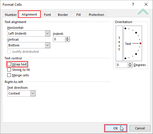 Select Alignment tab, uncheck Wrap text and click OK