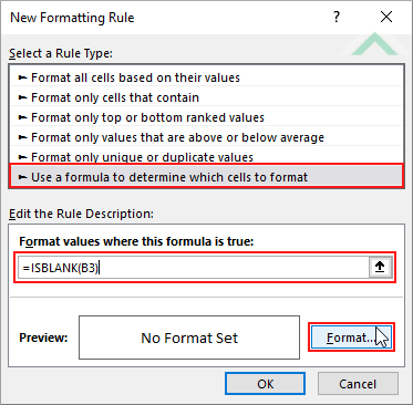 Select Use a formula to determine which cells to format, enter formula and click format