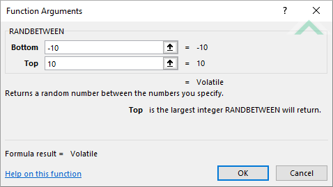 Built-in Excel RANDBETWEEN Function using hardocded values