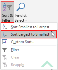 Click on Sort & Filter and click on Sort Largest to Smallest