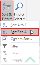 Click on Sort & Filter and click on Sort Z to A
