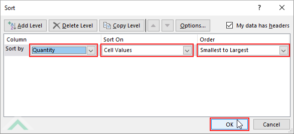 Select Sort by column, select Cell Values and Smallest to Largest Order