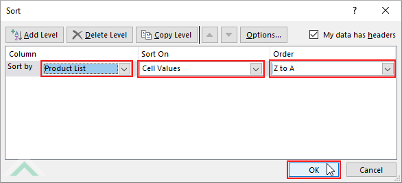 Select Sort by column, select Cell Values and Z to A Order