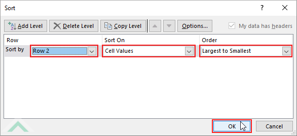 Select Sort by row, select Cell Values and Largest to Smallest Order