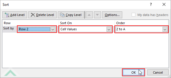 Select Sort by row, select Cell Values and Z to A Order