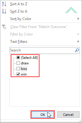 Select filter dropdown button apply filter and click OK