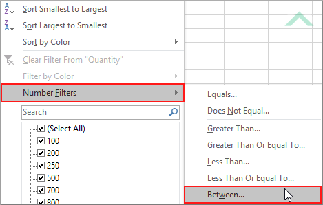 Select filter dropdown button select Number Filter and click on Between