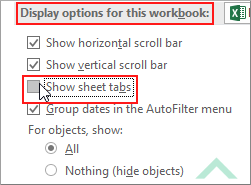 Display options for workbook and uncheck show sheet tabs