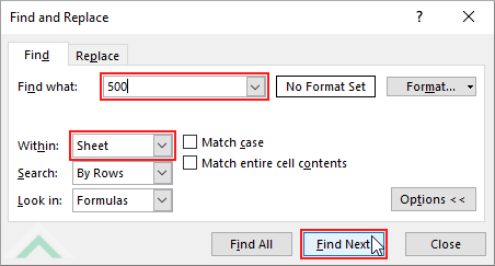 Enter value select Sheet and click Find Next
