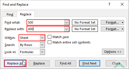 Enter value to replace and replace with select Sheet and click Replace All