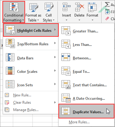 Select Conditional Formatting, click Highlight Cells Rules and select Duplicate Values