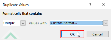 Click OK in the Duplicate Values dialog box with Unique selected