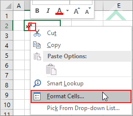 Right-click in cell and select Format Cells