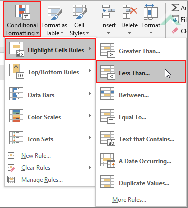 Select Conditional Formatting, click Highlight Cells Rules and select Less Than