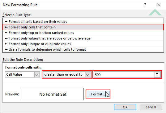 Select Format only cells that contain, greater than or equal to, enter number and click format