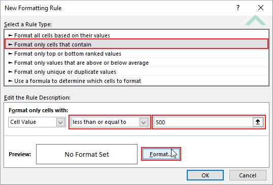 Select Format only cells that contain, less than or equal to, enter number and click format