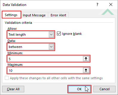 Select Settings tab, select Text length, select between, enter min and max numbers and click OK